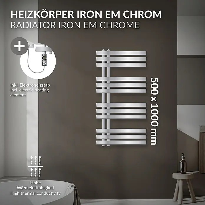 LuxeBath Elektro-Badheizkörper Handtuchheizkörper Elektrisch mit Heizstab 500x1000 mm Chrome 600W -  - Verchromter Heizkörper mit Elektroheizstab, hoher Wärmeleitfähigkeit (500x1000 mm).