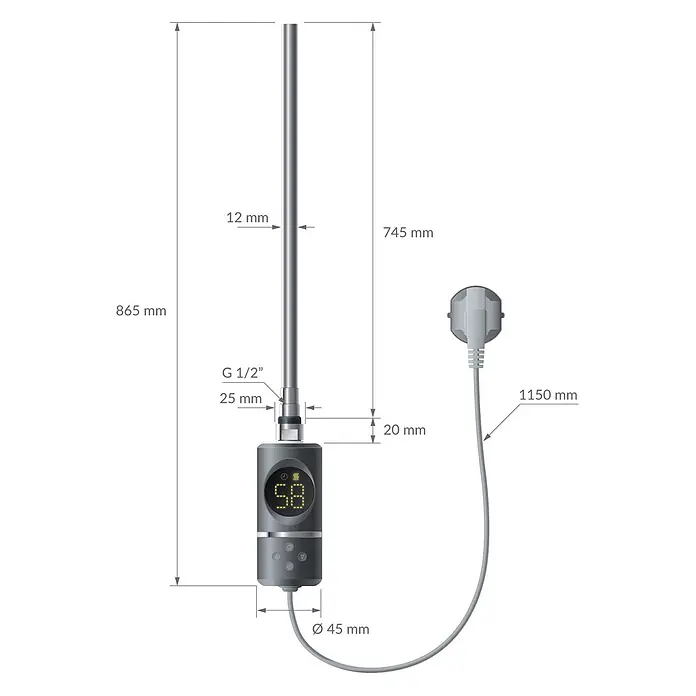 LuxeBath Elektro-Badheizkörper Handtuchwärmer Elektrisch 750x1200 mm Anthrazit gerade mit Heizstab 1200W -  - Dunkelgrauer Elektroheizstab mit Digitalanzeige und Steuereinheit für Handtuchheizkörper, mit silbernem Heizelement.