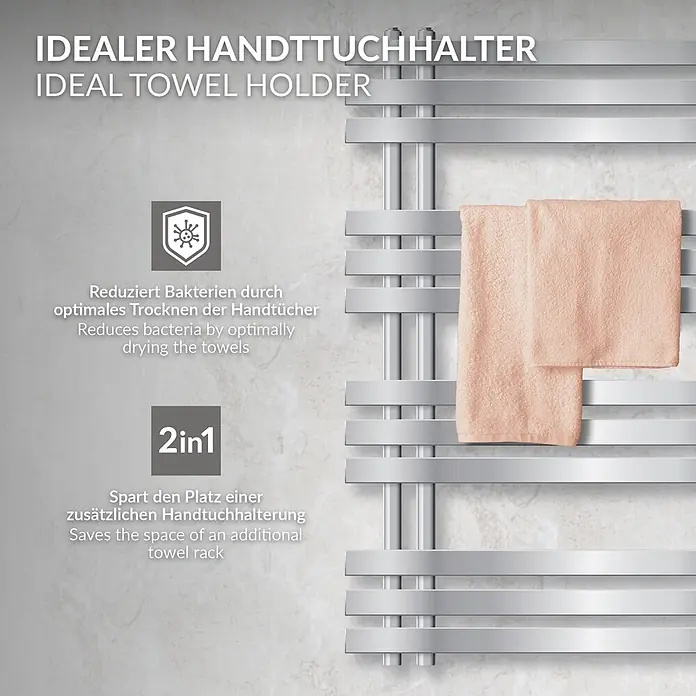 LuxeBath Elektro-Badheizkörper Handtuchheizkörper Elektrisch mit Heizstab 500x1000 mm Chrome 600W -  - Silberner Handtuchwärmer mit zwei Pfirsichtüchern, ideal für optimales Trocknen und Platzeinsparung.