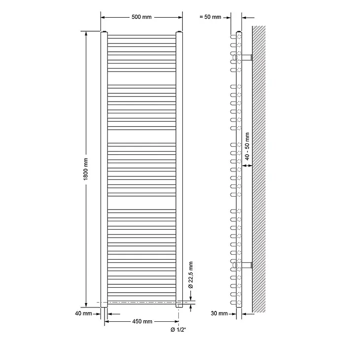 LuxeBath Elektro-Badheizkörper Handtuchwärmer mit Heizstab 500x1800 mm gebogen Weiß 900W -  - Technisches Diagramm eines hohen Handtuchwärmer-Heizkörpers, 1800x500mm, mit horizontalen Sprossen, 1/2" Anschlüssen und Wandmontagedetails.