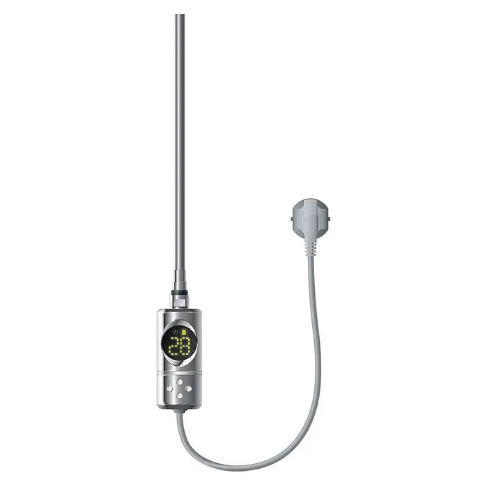 LuxeBath Elektro-Badheizkörper Handtuchwärmer mit Heizstab 500x1200mm Chrom gebogen 1200 W -  - Verchromter Elektro-Heizstab mit Digitalanzeige (28°C) und Bedientasten, mit grauem Stromkabel und Stecker.
