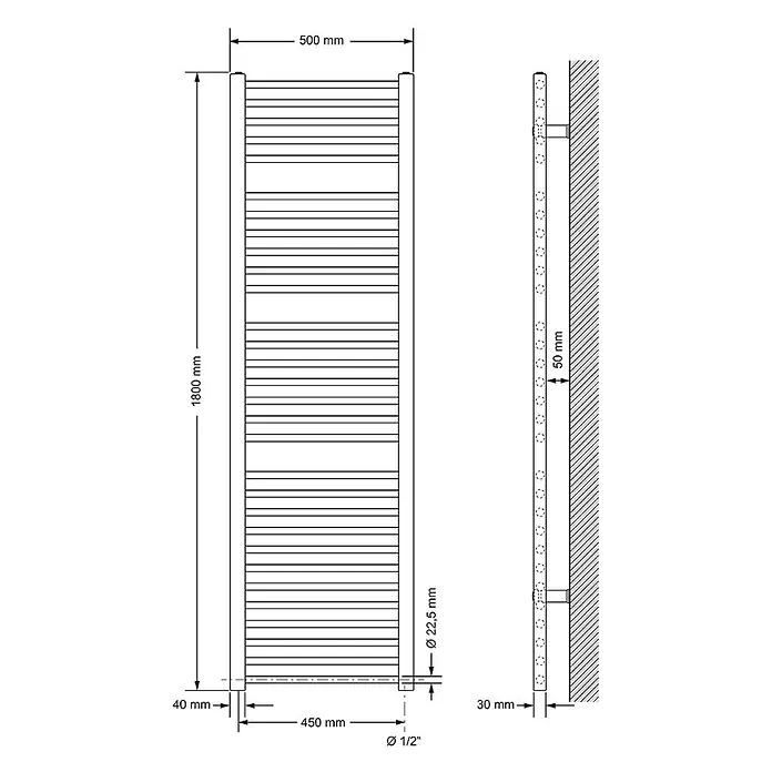 LuxeBath Elektro-Badheizkörper Handtuchwärmer mit Heizstab 500x1800 mm gerade Anthrazit 900W -  - Technisches Datenblatt eines Handtuchheizkörpers, 1800x500mm, mit horizontalen Stangen und Installationsmaßen.
