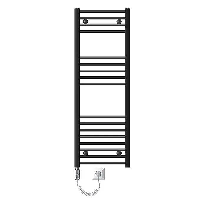 LuxeBath Elektro-Badheizkörper Handtuchwärmer mit Heizstab 400x1200 mm gerade Anthrazit 1200W - B x H: 40 x 120 mm - Schwarzer elektrischer Handtuchwärmer mit Querstreben, über Spiralkabel an Steckdose angeschlossen.