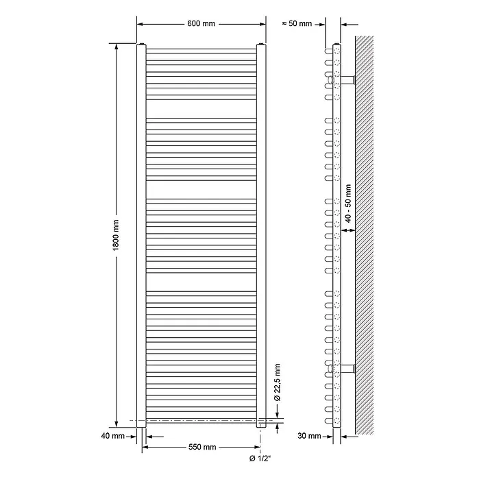 LuxeBath Elektro-Badheizkörper Handtuchwärmer Elektrisch 600x1800 mm Weiß gebogen mit Heizstab 900W -  - Technische Zeichnung eines rechteckigen, wandmontierten Handtuchheizkörpers, 1800mm hoch und 600mm breit, mit Maßen.