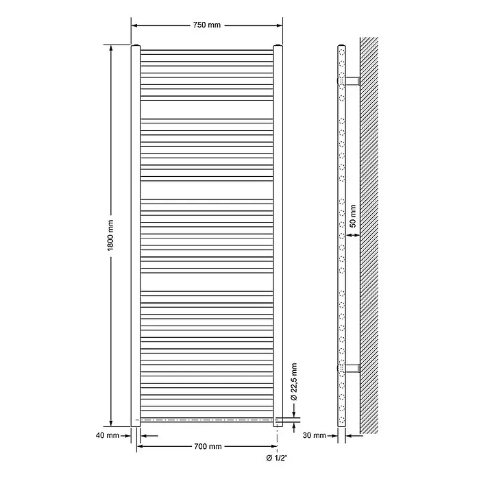 LuxeBath Elektro-Badheizkörper Handtuchwärmer Elektrisch 750x1800 mm Weiß gerade mit Heizstab 1200W -  - Technisches Datenblatt eines Handtuchheizkörpers, 1800 mm hoch und 750 mm breit, mit Maßen.