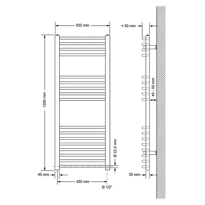 LuxeBath Elektro-Badheizkörper Handtuchwärmer Elektrisch 500x1200 mm Chrome gebogen mit Heizstab 1200W -  - Technische Zeichnung eines vertikalen Handtuchheizkörpers mit Maßen und Wandmontage.
