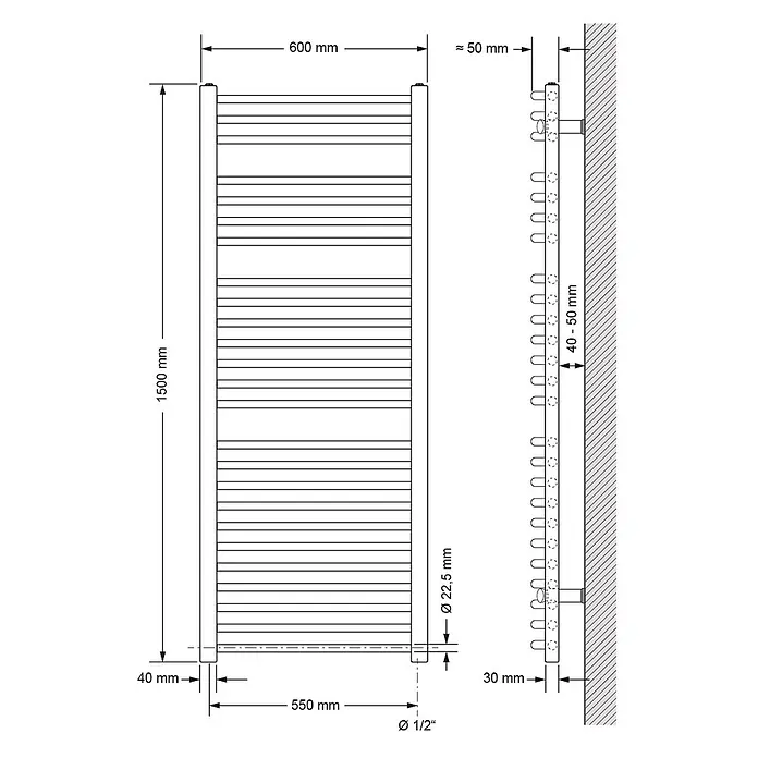 LuxeBath Elektro-Badheizkörper Handtuchwärmer Elektrisch Seitenanschluss mit Heizstab 900W gebogen - B x H: 60 x 150 cm - Technische Zeichnung eines Leiter-Handtuchwärmers mit Vorder- und Seitenansicht und Gesamtmaßen zur Wandmontage.