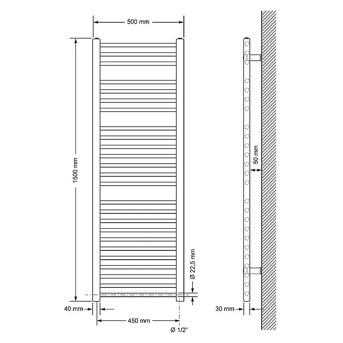 LuxeBath Elektro-Badheizkörper Designheizkörper Handtuchtrockner 500x1500mm Weiß gerade -  - Technische Zeichnung eines Badheizkörpers mit Maßen wie 1500x500 mm und Rohrleitungsanschlüssen.