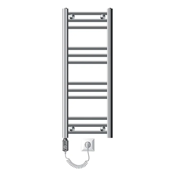 LuxeBath Elektro-Badheizkörper Handtuchwärmer Elektrisch Seitenanschluss mit Heizstab 300W gerade - B x H: 30 x 80 cm - Verchromter elektrischer Handtuchwärmer mit Querstreben, Thermostat unten links und Spiralkabel in einer Steckdose.