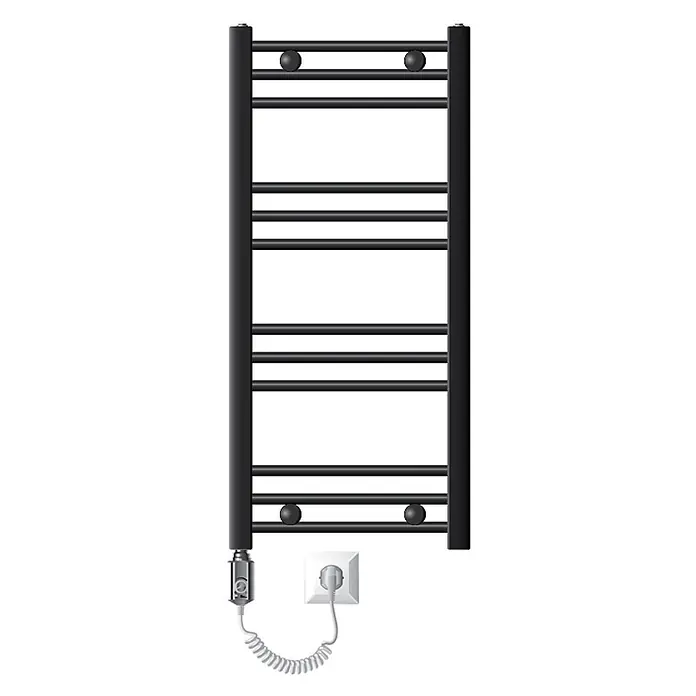 LuxeBath Elektro-Badheizkörper Handtuchwärmer mit Heizstab 400x800 mm gebogen Anthrazit 300W -  - Schwarzer elektrischer Handtuchwärmer mit horizontalen Stangen und Netzstecker.