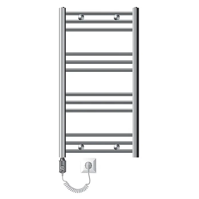 LuxeBath Elektro-Badheizkörper Designheizkörper Sahara Handtuchwärmer Handtuchtrockner - B x H: 50 x 80 cm - Glänzender Chrom-Elektrohandtuchwärmer mit horizontalen Heizstangen, integriertem Regler und spiralförmigem Netzkabel mit Eurostecker.