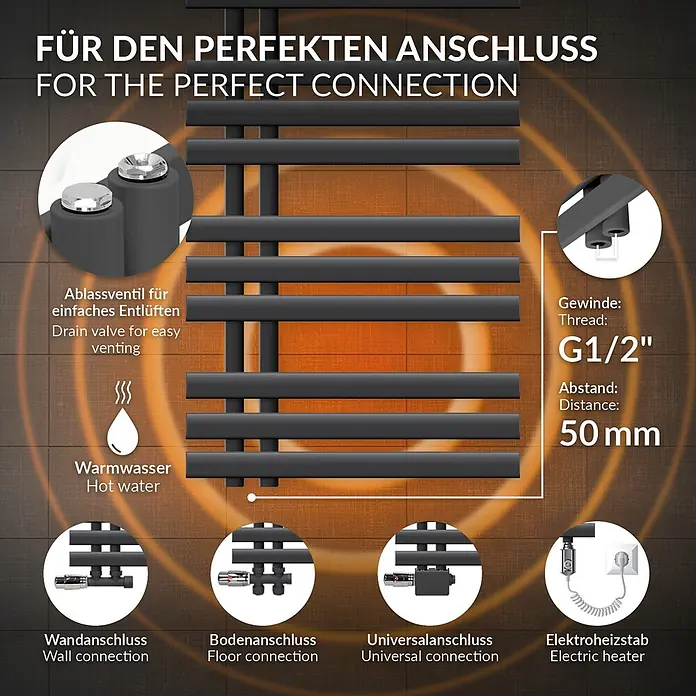 Badheizkörper 500x1400mm Anthrazit Seitenanschluss mit Ventil Eckform -  - Schwarzer Handtuchheizkörper mit Erläuterungen zu Wand-, Boden-, Universal- und Elektroheizstabanschlüssen, inkl. Ablassventil und G1/2"-Gewinde.