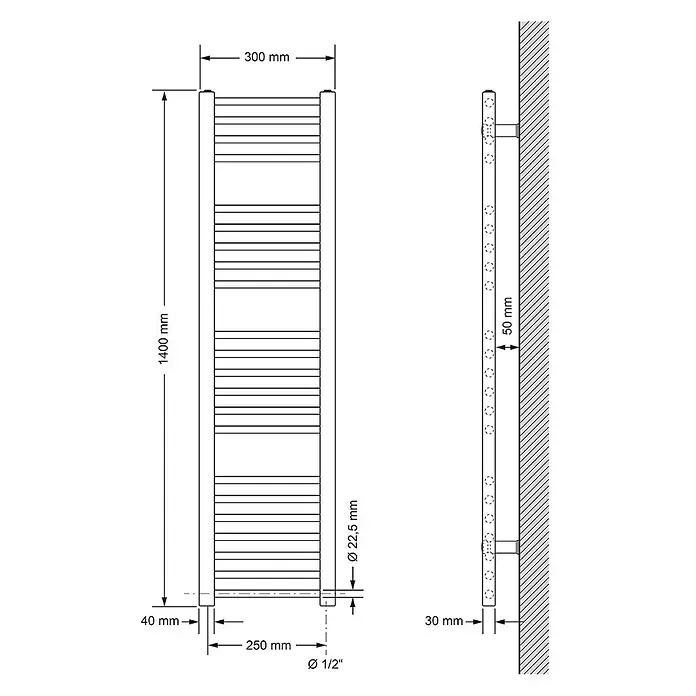 LuxeBath Elektro-Badheizkörper Handtuchwärmer Elektrisch Seitenanschluss mit Heizstab 900W gerade - B x H: 30 x 140 cm - Vertikaler Handtuchheizkörper, wandmontiert, 1400x300mm, mit 22,5mm Rohren und 1/2" Anschlüssen.
