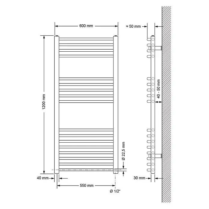 LuxeBath Elektro-Badheizkörper Handtuchwärmer Elektrisch 600x1200 mm Chrome gebogen mit Heizstab 1200W -  - Wandmontierter Handtuchheizkörper, technische Zeichnung mit Maßen 1200x600 mm und variabler Wanddistanz.