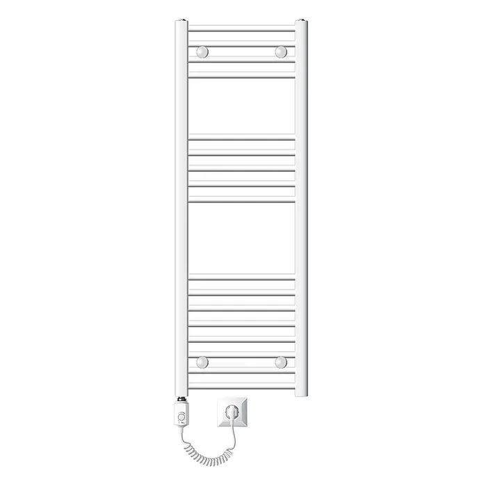 LuxeBath Elektro-Badheizkörper Handtuchwärmer mit Heizstab 400x1200 mm gerade Weiß 1200W -  - Weißer elektrischer Handtuchwärmer mit Querstreben, angeschlossen an eine Steckdose mit Spiralkabel und Thermostat.