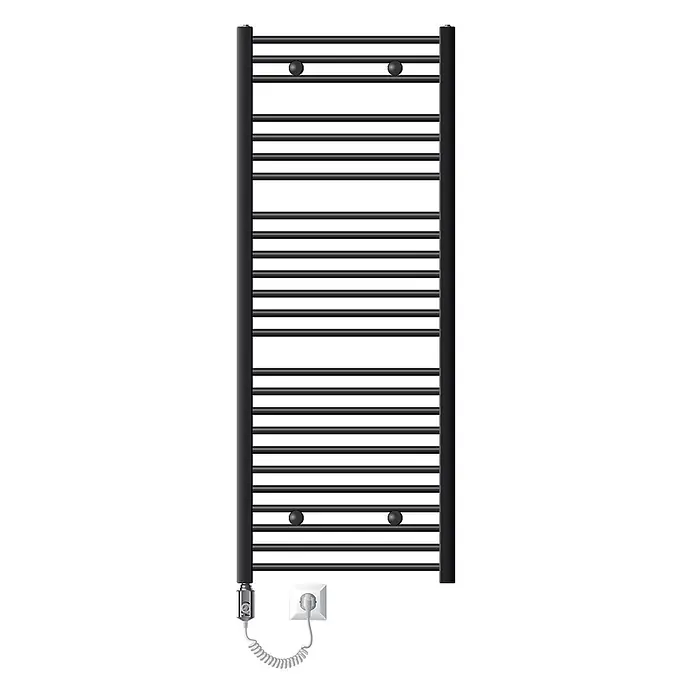 LuxeBath Elektro-Badheizkörper Designheizkörper Handtuchheizung 600x1500mm Anthrazit gerade 900W -  - Schwarzer elektrischer Handtuchheizkörper mit horizontalen Stangen und einem Netzkabel, das in eine Steckdose gesteckt ist.