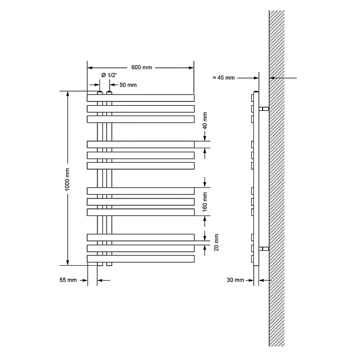LuxeBath Elektro-Badheizkörper Design Handtuchheizkörper Handtuchwärmer Elektrisch mit Heizstab 300W - B x H: 60 x 100 cm - Technisches Zeichnung eines Heizkörpers/Handtuchwärmers, 1000 mm hoch und 600 mm breit, mit Montage- und Rohrmaßen.