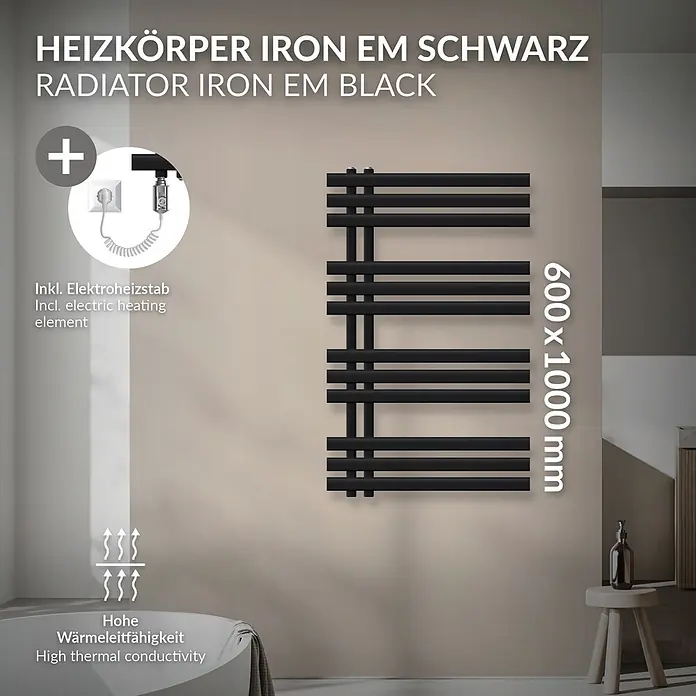 LuxeBath Elektro-Badheizkörper Design Handtuchheizkörper Handtuchwärmer Elektrisch mit Heizstab 600W - B x H: 60 x 120 mm - Schwarzer Eisen-Heizkörper (600x1000 mm) mit Elektroheizstab und hoher Wärmeleitfähigkeit im Badezimmer.