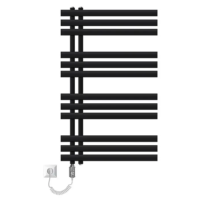 LuxeBath Elektro-Badheizkörper Design Handtuchheizkörper Handtuchwärmer Elektrisch mit Heizstab 600W - B x H: 60 x 120 mm - Schwarzer elektrischer Handtuchwärmer mit Querstreben, an eine Steckdose angeschlossen.