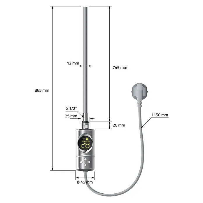 LuxeBath Elektro-Badheizkörper Handtuchwärmer mit Heizstab 500x1200mm Chrom gebogen 1200 W -  - Chromfarbener Elektroheizstab mit Digitalanzeige, Bedientasten und technischen Maßen.