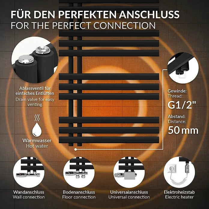 LuxeBath Elektro-Badheizkörper Design Handtuchheizkörper Handtuchwärmer Elektrisch mit Heizstab 300W -  - Schwarzer Flachrohr-Handtuchheizkörper. Zeigt Anschlussoptionen: G1/2"-Gewinde, 50mm Abstand, Wand-, Boden-, Universalanschluss und Elektroheizstab.
