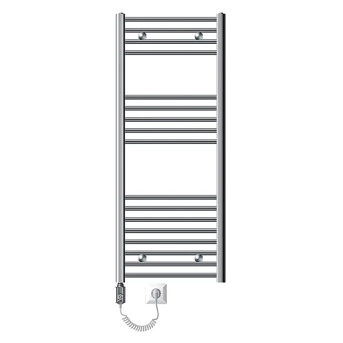 LuxeBath Elektro-Badheizkörper Handtuchwärmer mit Heizstab 500x1200 mm gebogen Chrome 1200W -  - Verchromter elektrischer Handtuchwärmer mit vertikalen Sammelrohren und horizontalen Sprossen, angeschlossen an eine Steckdose.
