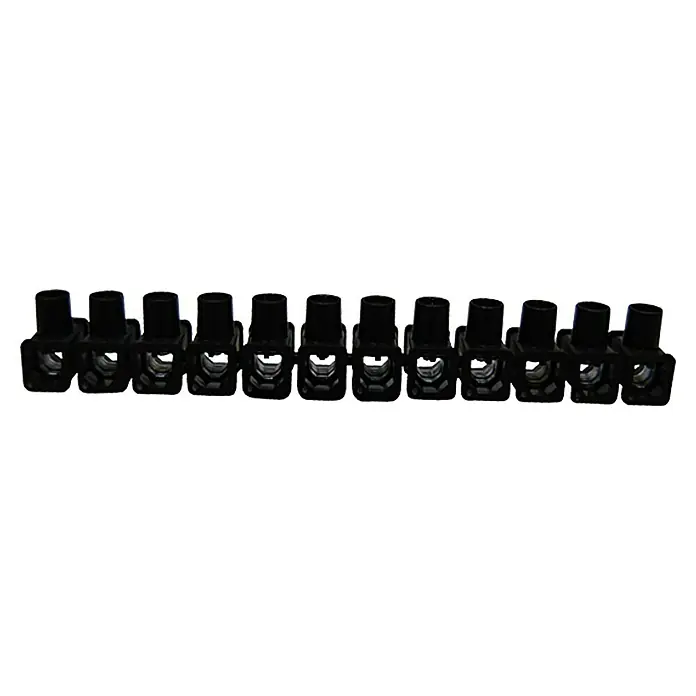 ASS Dosenklemme - Polanzahl: 12 Stk., 2,5 mm² - 6 mm², Schwarz - Eine Reihe schwarzer Schraubklemmen mit Schrauben oben, die zum Verbinden von Drähten verwendet werden.