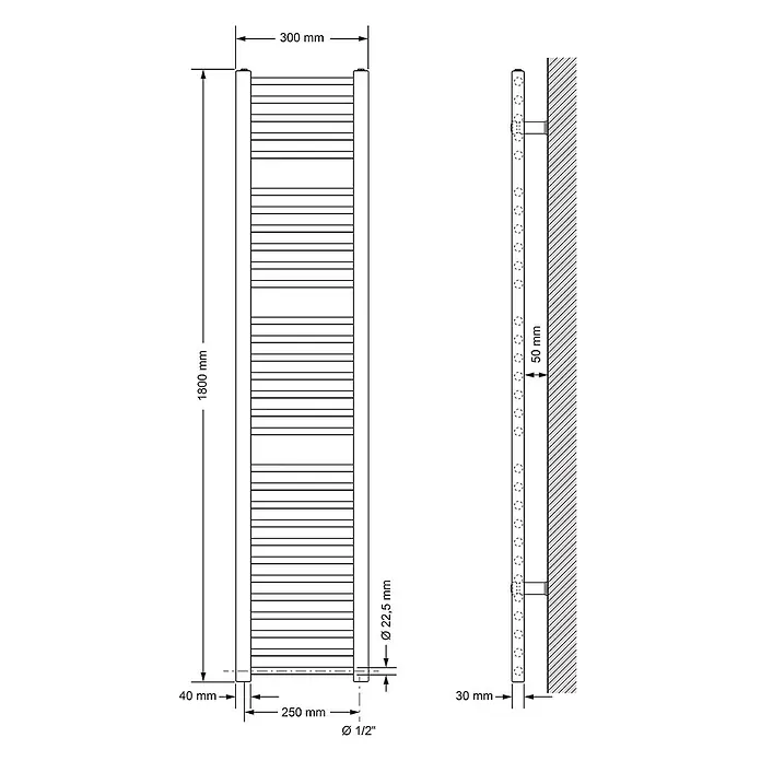 LuxeBath Elektro-Badheizkörper Handtuchwärmer Elektrisch Seitenanschluss mit Heizstab 1200W gerade - B x H: 30 x 180 cm - Technische Zeichnung eines rechteckigen Handtuchheizkörpers mit horizontalen Stangen, Vorder- und Seitenansicht samt Maßen.