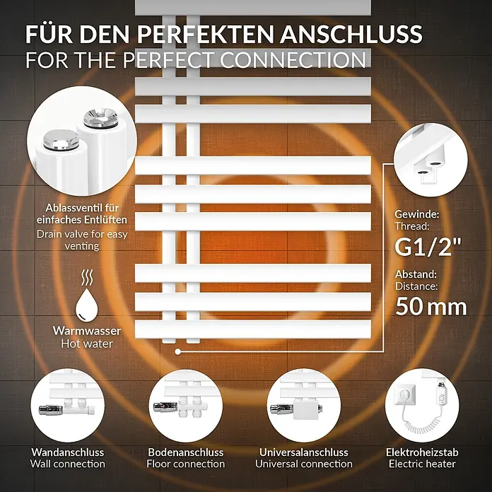 LuxeBath Badheizkörper Handtuchheizkörper Handtuchwärmer mit Universal Thermostatventil - B x H: 50 x 160 mm, Weiß - Weißer Handtuchheizkörper mit Details zu Anschlüssen (Wand, Boden, Universal), Gewinde G1/2", 50mm Abstand, Entlüftungsventil und Elektroheizstab.