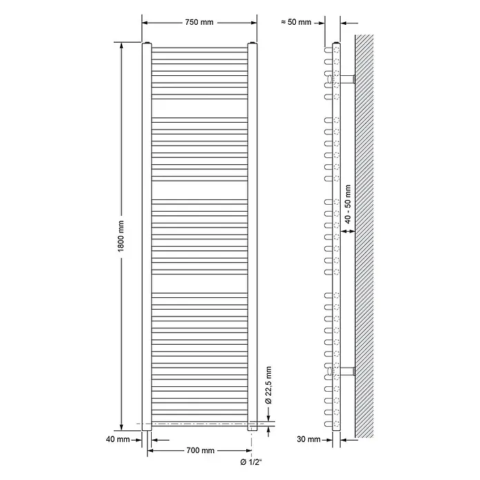 LuxeBath Elektro-Badheizkörper Handtuchwärmer mit Heizstab 750x1800 mm gebogen Weiß 1200W -  - Technische Zeichnung eines wandmontierten Handtuchheizkörpers mit horizontalen Stangen und Maßen. Der Heizkörper misst 1800x750 mm.