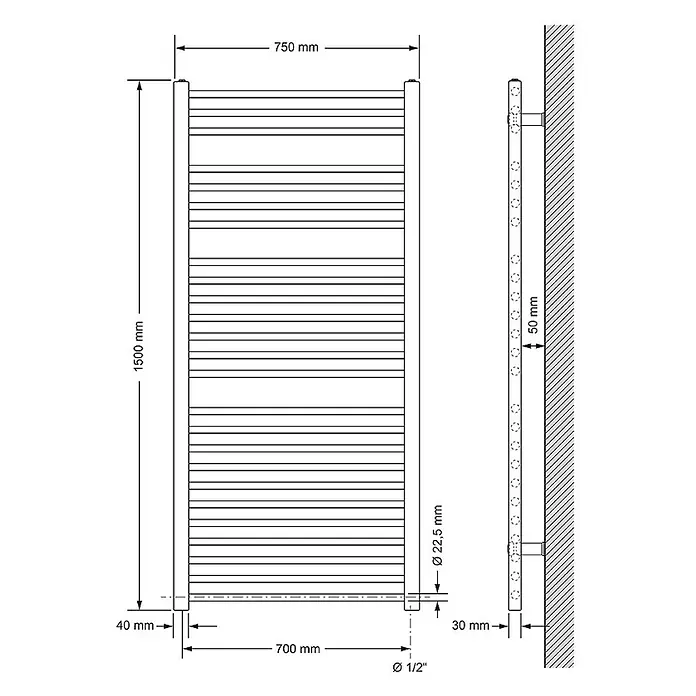 LuxeBath Elektro-Badheizkörper Handtuchwärmer Elektrisch 750x1500 mm Weiß gerade mit Heizstab 1200W -  - Verchromter Handtuchheizkörper mit horizontalen Stangen, Maße 750x1500mm, wandmontiert dargestellt.