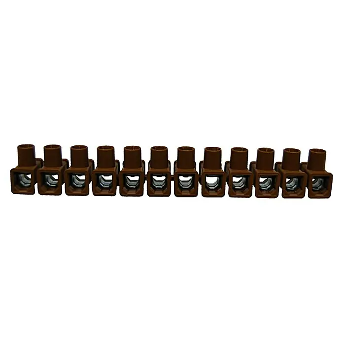 ASS Dosenklemme - Polanzahl: 12 Stk., 2,5 mm² - 6 mm², Braun - Braune Reihenklemmenleiste, die für elektrische Verbindungen verwendet wird. Präzise und ordentliche Anordnung der Klemmen.