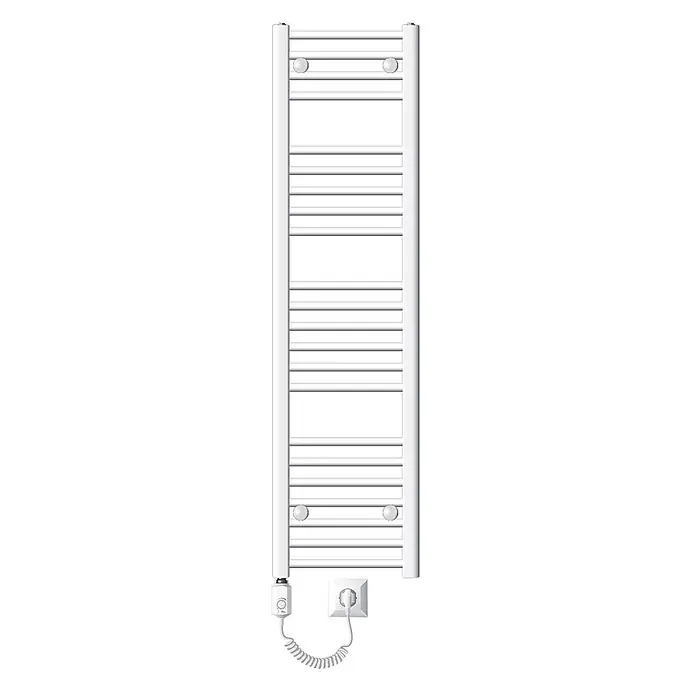 LuxeBath Elektro-Badheizkörper Handtuchwärmer Elektrisch Seitenanschluss mit Heizstab 1200W gerade - B x H: 30 x 140 cm - Weißer elektrischer Handtuchwärmer im Leiterstil mit Thermostat und Spiralkabel, das in eine Steckdose gesteckt ist.