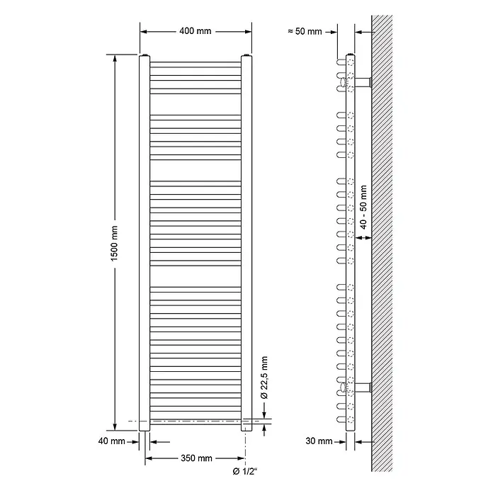 LuxeBath Elektro-Badheizkörper Handtuchwärmer Elektrisch 400x1500 mm Weiß gebogen mit Heizstab 900W -  - Bemaßte Zeichnung eines Leiter-Handtuchheizkörpers. Maße: 1500 mm H, 400 mm B, ca. 50 mm Wandabstand, 350 mm Rohrabstand.