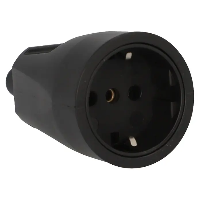 UniTEC Kupplung knickschutz - Kunststoff, Schwarz - Schwarzer Schuko-Steckdosenadapter mit runder Buchse für Stromanschlüsse.