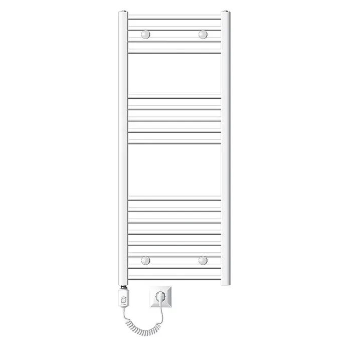 LuxeBath Elektro-Badheizkörper Handtuchwärmer mit Heizstab 500x1200 mm gebogen Weiß 1200W -  - Weißer elektrischer Handtuchheizkörper mit Querstreben, einer Thermostatsteuerung und einem spiralförmigen Netzkabel, das in eine Steckdose gesteckt ist.
