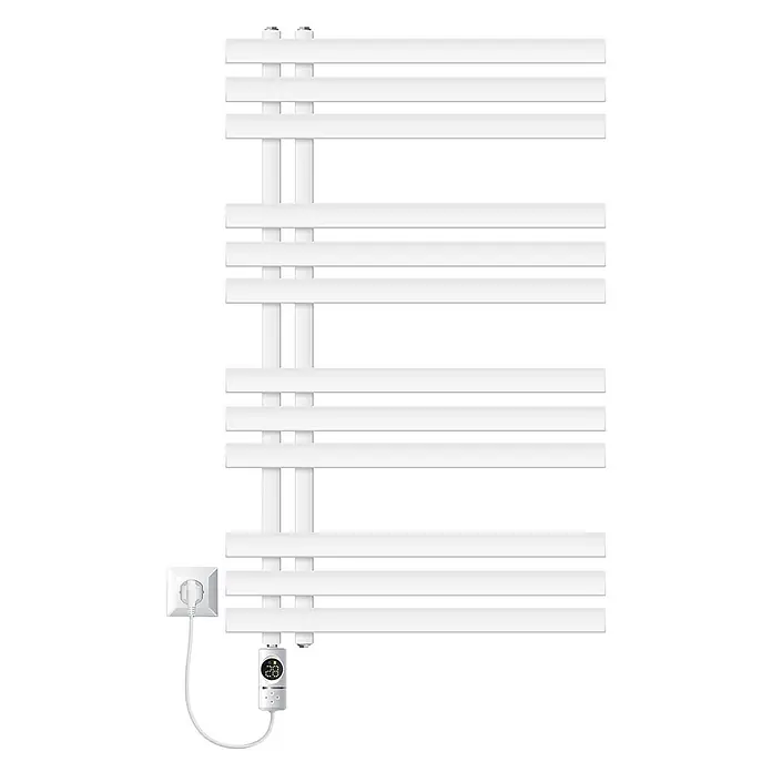 LuxeBath Elektro-Badheizkörper Design Handtuchheizkörper Handtuchwärmer Elektrisch mit Heizstab 300W -  - Weißer elektrischer Handtuchheizkörper mit flachen horizontalen Stangen, Digitalthermostat und Stecker.