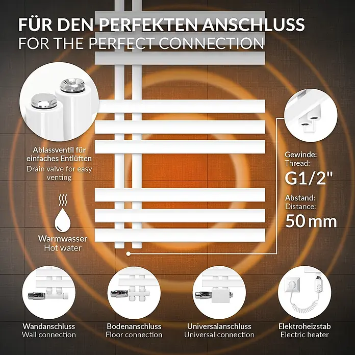 LuxeBath Elektro-Badheizkörper Design Handtuchheizkörper Handtuchwärmer Elektrisch mit Heizstab 300W -  - Weißer Handtuchheizkörper auf braunem Hintergrund mit Anschlussschema und Features (Ablassventil, Gewinde G1/2", 50mm Abstand).
