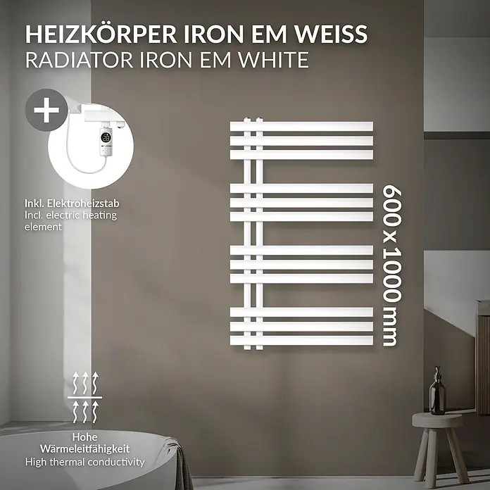 LuxeBath Elektro-Badheizkörper Design Handtuchheizkörper Handtuchwärmer Elektrisch mit Heizstab 300W -  - Weißer Iron EM Heizkörper mit Elektroheizstab, 600x1000mm, für hohe Wärmeleitfähigkeit.