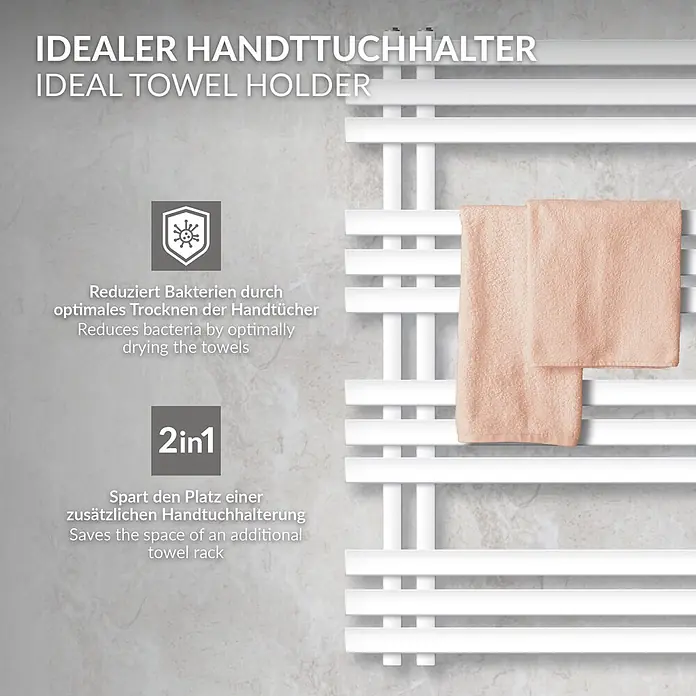 LuxeBath Elektro-Badheizkörper Design Handtuchheizkörper Handtuchwärmer Elektrisch mit Heizstab 300W -  - Weißer Handtuchheizkörper mit zwei pfirsichfarbenen Handtüchern, die an einer Marmorwand trocknen.