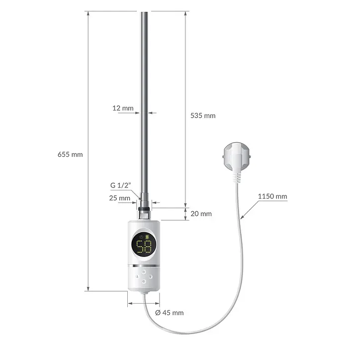 LuxeBath Austauschheizkörper Elektroheizstab mit Stecker Weiß Heizpatrone Heizelemente 600W - B x H: 4,5 x 4,5 cm - Weißes und silberfarbenes Elektroheizungselement mit Digitalanzeige '58', Bedientasten, G 1/2" Gewindeanschluss und Netzkabel mit Stecker.