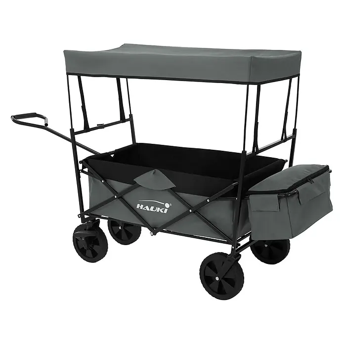 Hauki Bollerwagen Handwagen Transportwagen faltbar klappbar mit Bremse Dach und Tasche - L x B x H: 170 x 53 x 104 cm - Grauer und schwarzer faltbarer HAUki Bollerwagen mit Dach, stabilen Rädern und abnehmbarer Kühltasche.