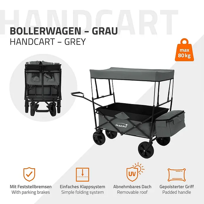 Hauki Bollerwagen Handwagen Transportwagen faltbar klappbar mit Bremse Dach und Tasche - L x B x H: 170 x 53 x 104 cm - Grauer Falt-Bollerwagen mit abnehmbarem Dach, Feststellbremsen und gepolstertem Griff, belastbar bis 80 kg.