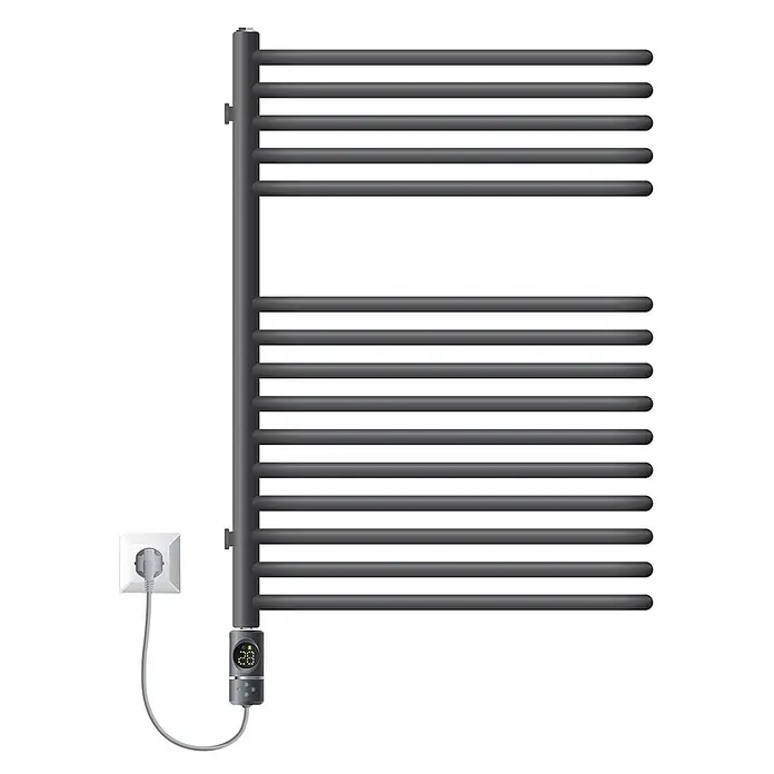 LuxeBath Elektro-Badheizkörper Partition Handtuchwärmer Elektrisch Seitenanschluss mit Heizstab 300W - B x H: 50 x 80 cm - Dunkelgrauer elektrischer Handtuchwärmer mit Querstreben, an Steckdose angeschlossen und mit digitalem Thermostat.