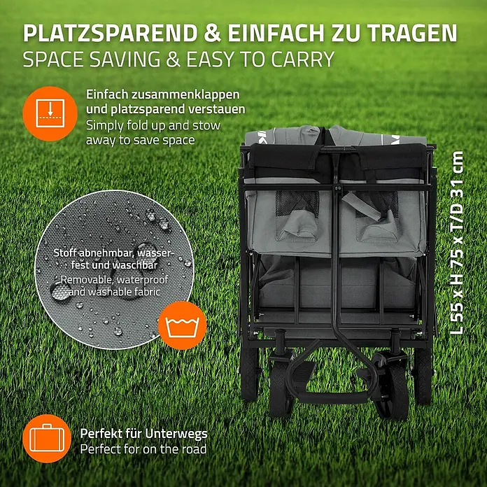 Hauki Bollerwagen Handwagen Transportwagen faltbar klappbar mit Bremse Dach und Tasche - L x B x H: 170 x 53 x 104 cm - Schwarz-grauer Falt-Bollerwagen, platzsparend, tragbar, abnehmbarer, wasserdichter Stoff. Kompakt gezeigt, L55xH75xT31cm, ideal für unterwegs.