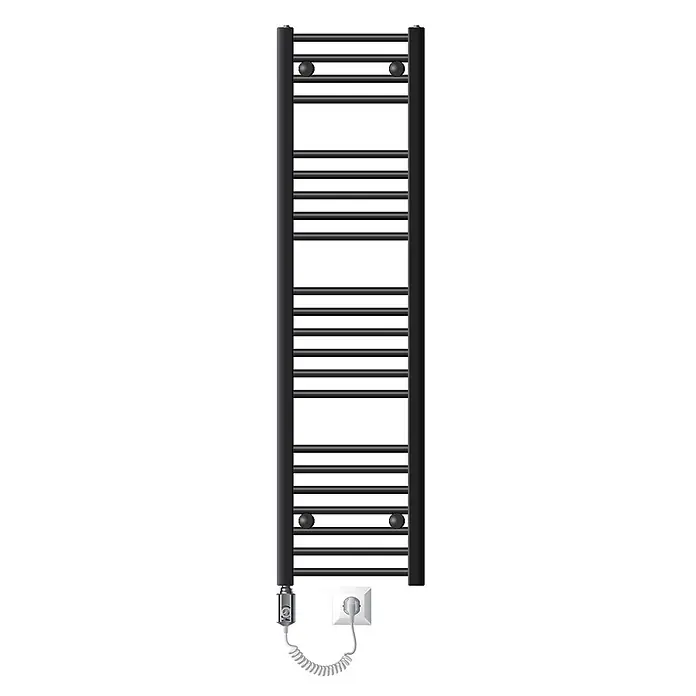 LuxeBath Elektro-Badheizkörper Handtuchwärmer mit Heizstab 300x1400 mm gerade Anthrazit 1200W -  - Schwarzer elektrischer Handtuchwärmer mit Querstreben, an eine weiße Steckdose angeschlossen.