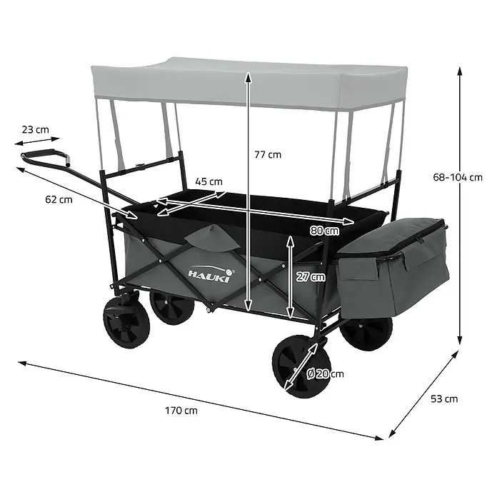 Hauki Bollerwagen Handwagen Transportwagen faltbar klappbar mit Bremse Dach und Tasche - L x B x H: 170 x 53 x 104 cm - Grauer Bollerwagen mit schwarzem Gestell und Verdeck, Maße und Zugstange sind sichtbar.