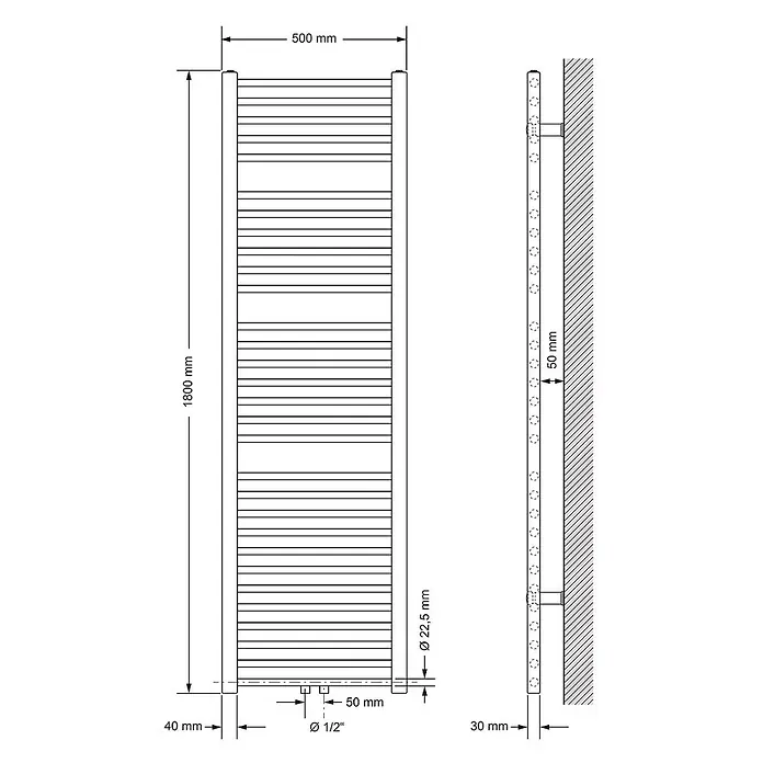 LuxeBath Badheizkörper Handtuchwärmer Mittelanschluss gerade mit Boden Thermostatventil - Weiß - Technische Zeichnung eines vertikalen Handtuchheizkörpers, 1800x500mm, mit Maßen und Anschlussdetails.