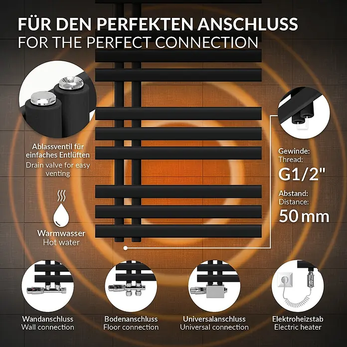 Badheizkörper Iron EM 500x1400 Schwarz -  - Schwarzer Handtuchheizkörper mit G1/2" Gewinde, 50mm Abstand und verschiedenen Anschlussmöglichkeiten.