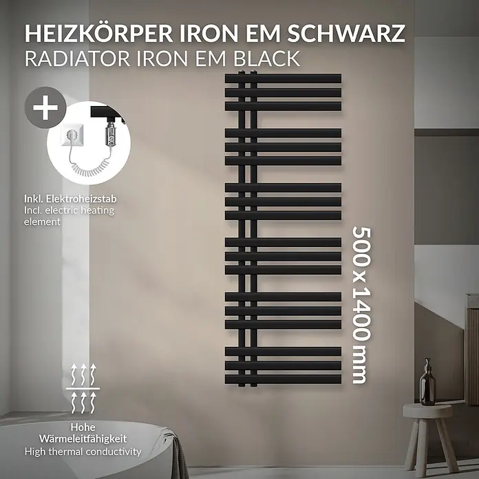 LuxeBath Badheizkörper Iron EM 500x1400 mm Schwarz Matt 1200W -  - Schwarzer vertikaler Heizkörper (500x1400mm) mit horizontalen Stäben und Elektroheizstab, betont hohe Wärmeleitfähigkeit im Bad.